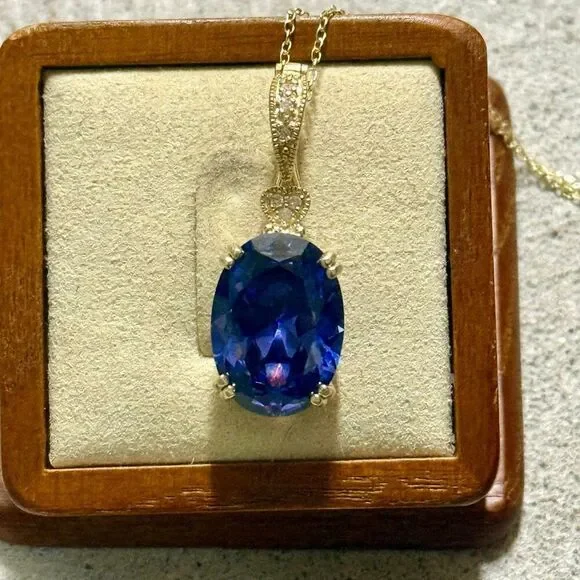 Oval Tanzanite 18mm x 13.5mm Pendant Necklace Gold Vermeil 18” Vintage Style - Picture 3 of 11
